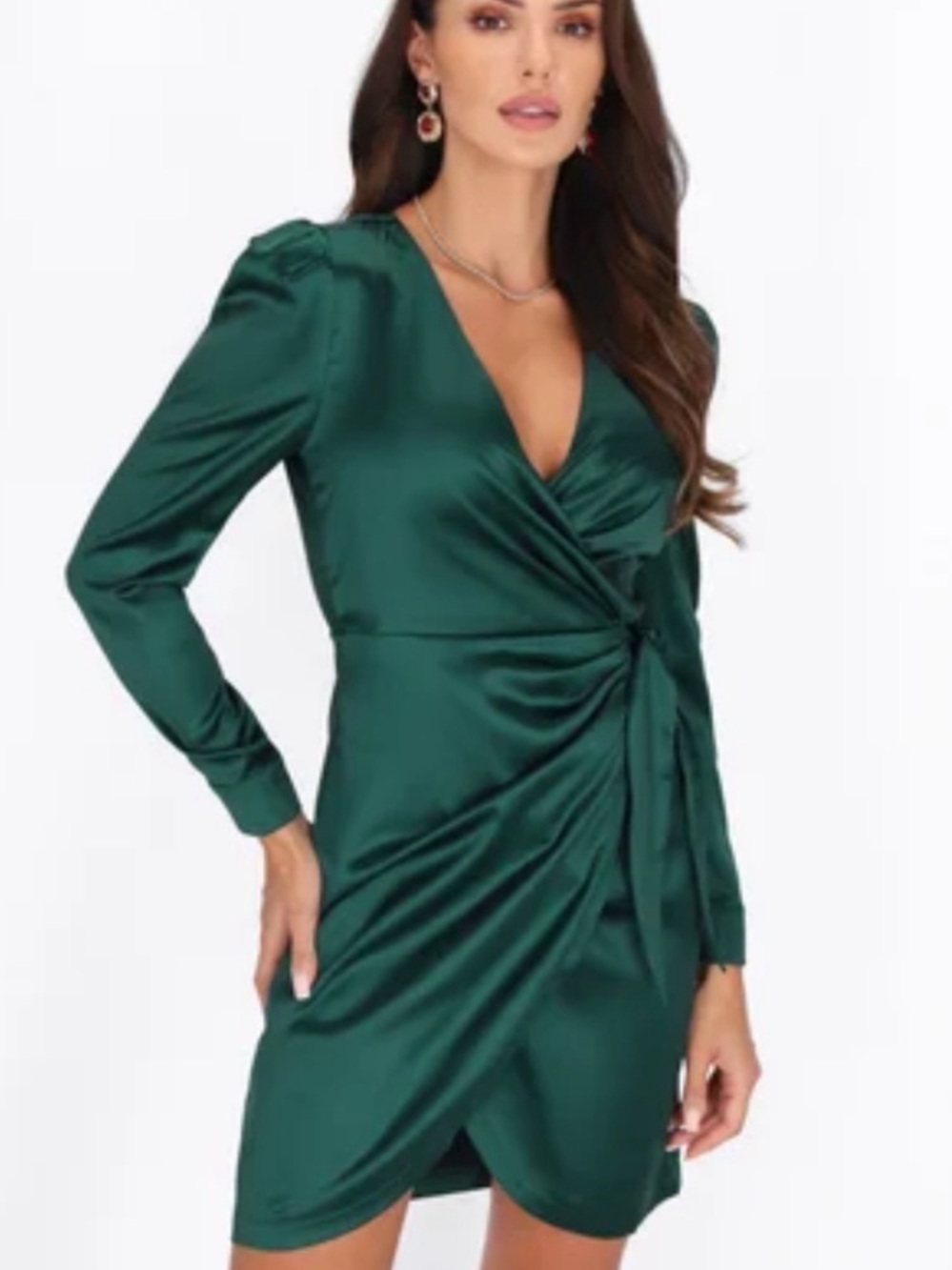 Love & Lemonade Green Satin Wrap Dress with Tie Detail